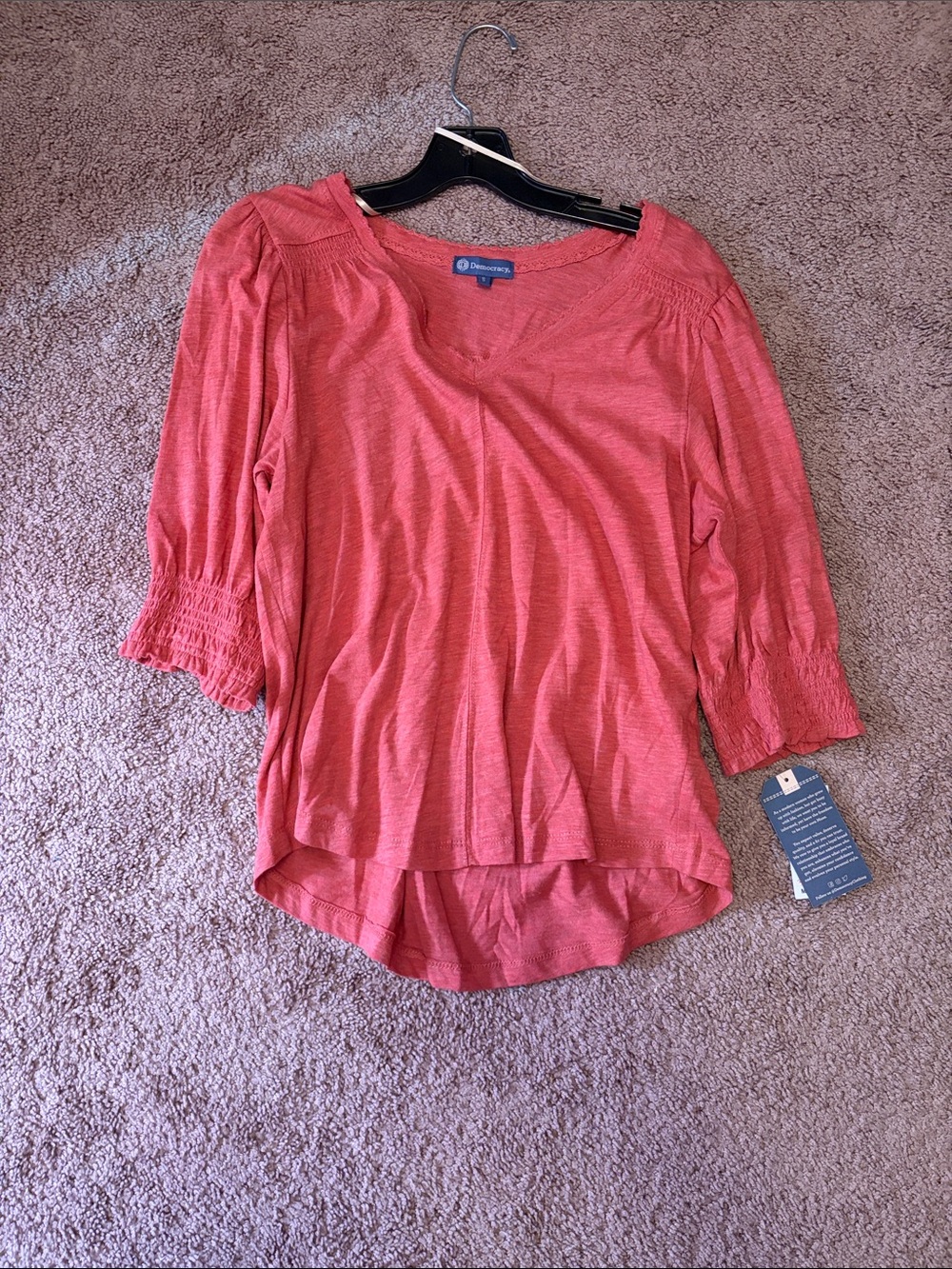 Democracy Coral V-Neck Smocked Sleeve Blouse